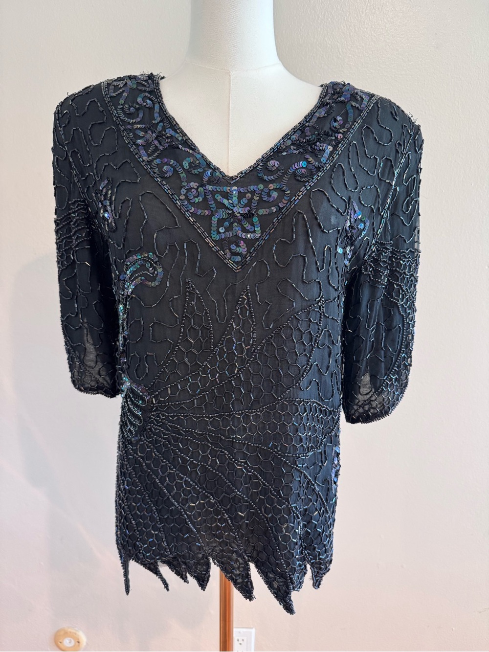 Vintage 80s Silk Beaded Sequin Evening Top Black Art Deco Sz S